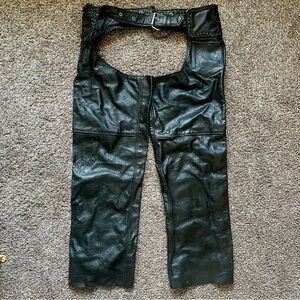 Black Unik International Leather Motorcycle Chaps Size Large with Belt